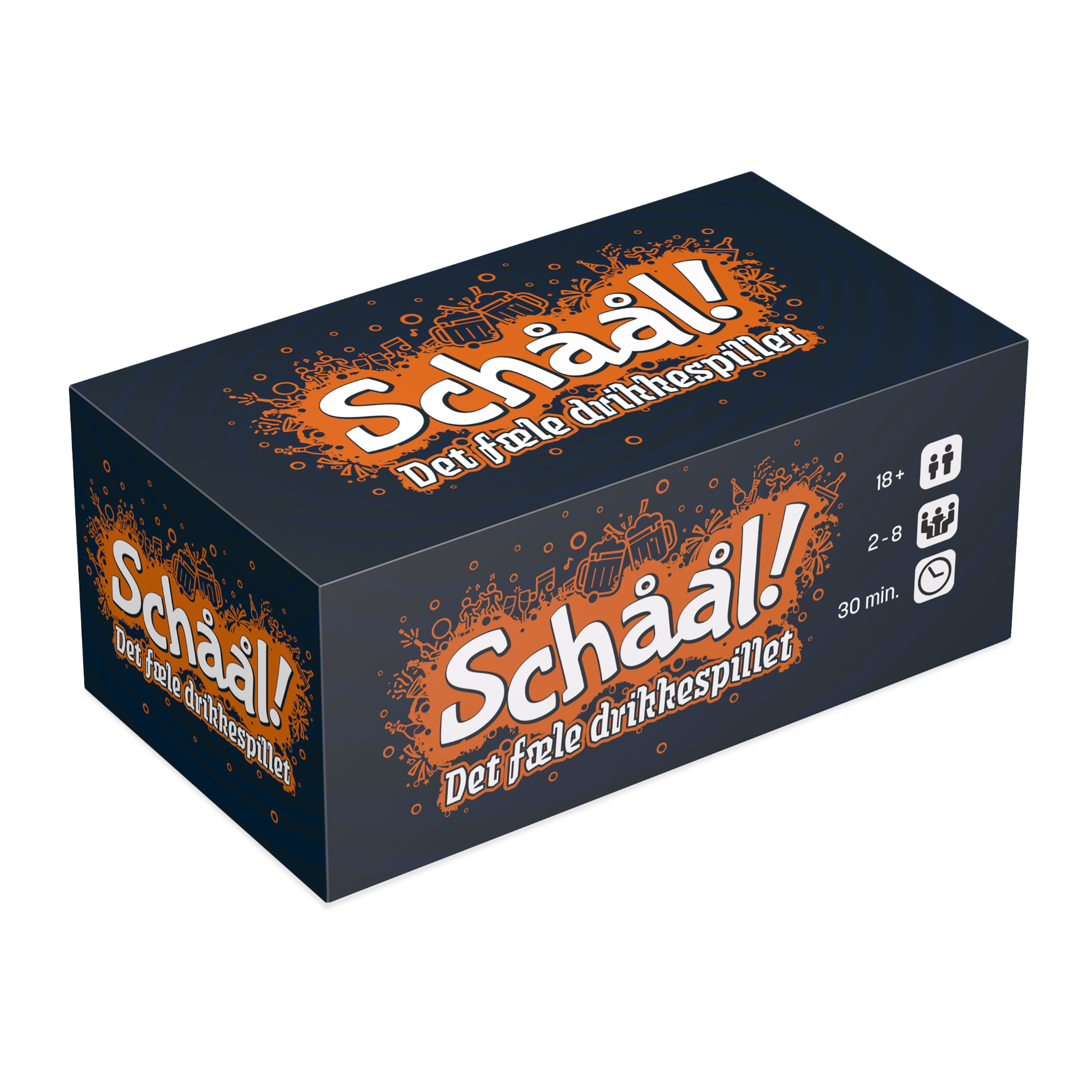 Schåål! kortspill eske i svart med hvit skrift i oransje omriss